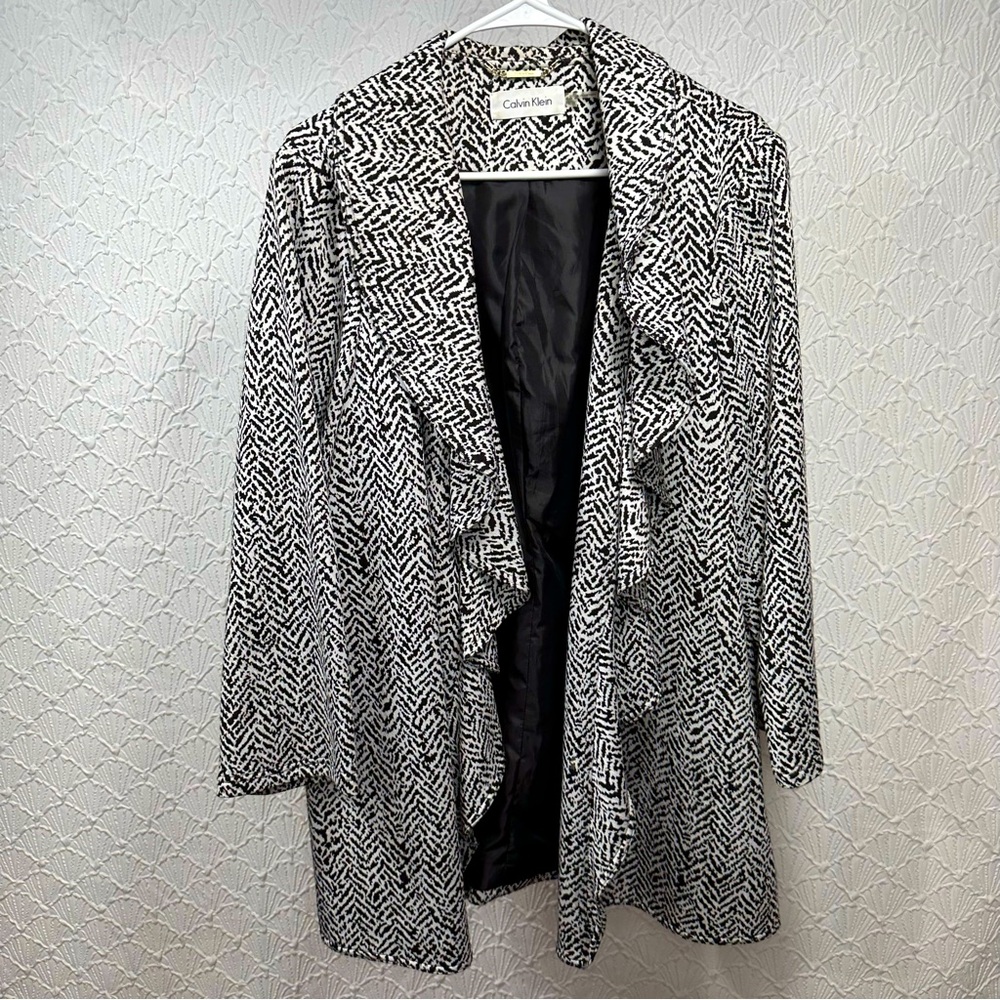 Calvin Klein Black and White Herringbone Ruffle-Front Cardigan